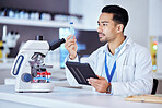 Science, microscope and man with sample and tablet in laboratory for research, test and analysis. Healthcare, biotechnology and scientist with medical equipment for vaccine, innovation and medicine