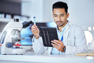 Buy stock photo Science, tablet and man in laboratory with test tube for research, study and sample analysis. Healthcare, biotechnology and scientist online with medical equipment for vaccine, analytics and medicine