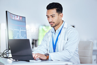 Buy stock photo Science, asian man and typing on laptop in laboratory for medical planning, innovation and data analysis. Male researcher, scientist and focus for working on computer report, results or biotechnology