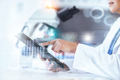 Buy stock photo Scientist woman, tablet and hologram in laboratory with hand, chart data and 3d overlay for pharma development. Pharmaceutical expert, digital touchscreen and press for innovation in healthcare job