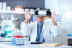 Senior scientist, woman with virtual reality and digital science data for medical research in lab with overlay. Dashboard, female doctor and experiment results and metaverse, investigation and graphs