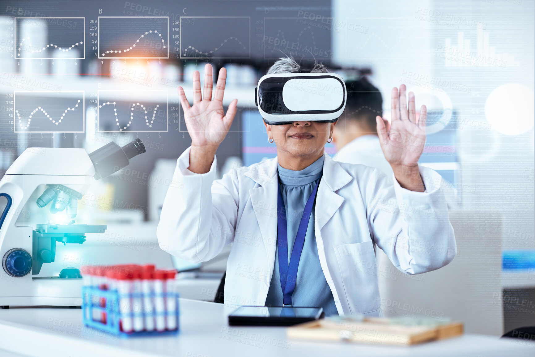 Buy stock photo Senior scientist, woman with virtual reality and digital science data for medical research in lab with overlay. Dashboard, female doctor and experiment results and metaverse, investigation and graphs