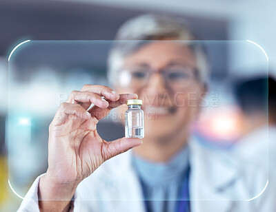 Buy stock photo Medicine, vaccine and hologram with woman in laboratory for science, pharmacy and research. Medical, healthcare and doctor with scientist and cure in clinic for virus, treatment and antibiotics