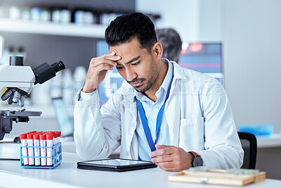 Buy stock photo Lab scientist, tablet and worried man reading clinic news, announcement or bad healthcare report, mistake or research. Error, crisis and laboratory person stress from science, risk or experiment fail