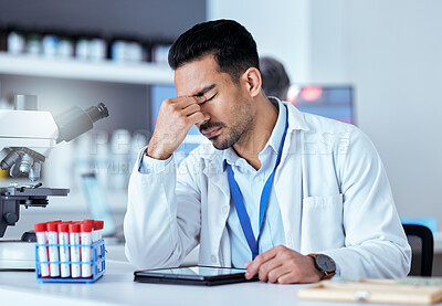 Buy stock photo Sad scientist, headache and man depressed about clinic news, mental health problem or healthcare anxiety. Tablet error, migraine and lab person stress from science risk, pain or DNA experiment fail