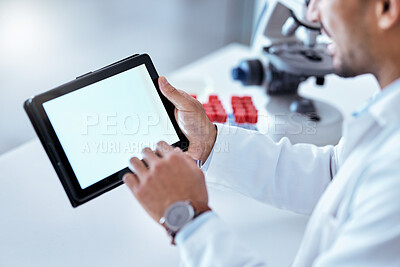 Buy stock photo Scientist hand, tablet screen and laboratory with mockup space, typing or research on app for pharma development. Pharmaceutical expert man, digital touchscreen or search for innovation in healthcare