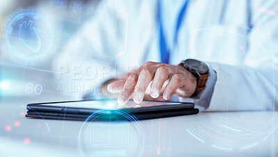 Buy stock photo Scientist hand, tablet and hologram in laboratory with typing, chart data and 3d overlay for pharma development. Pharmaceutical person, digital touchscreen and press on holographic dashboard for info