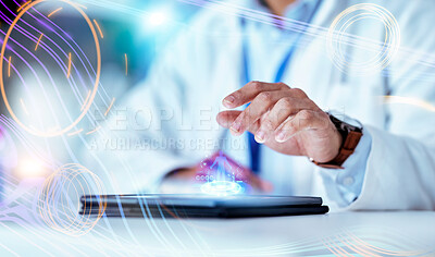 Buy stock photo Science, hand and tablet with hologram in laboratory with typing, data and 3d human body for pharma development. Medical person, digital touchscreen and studying with holographic overlay for anatomy