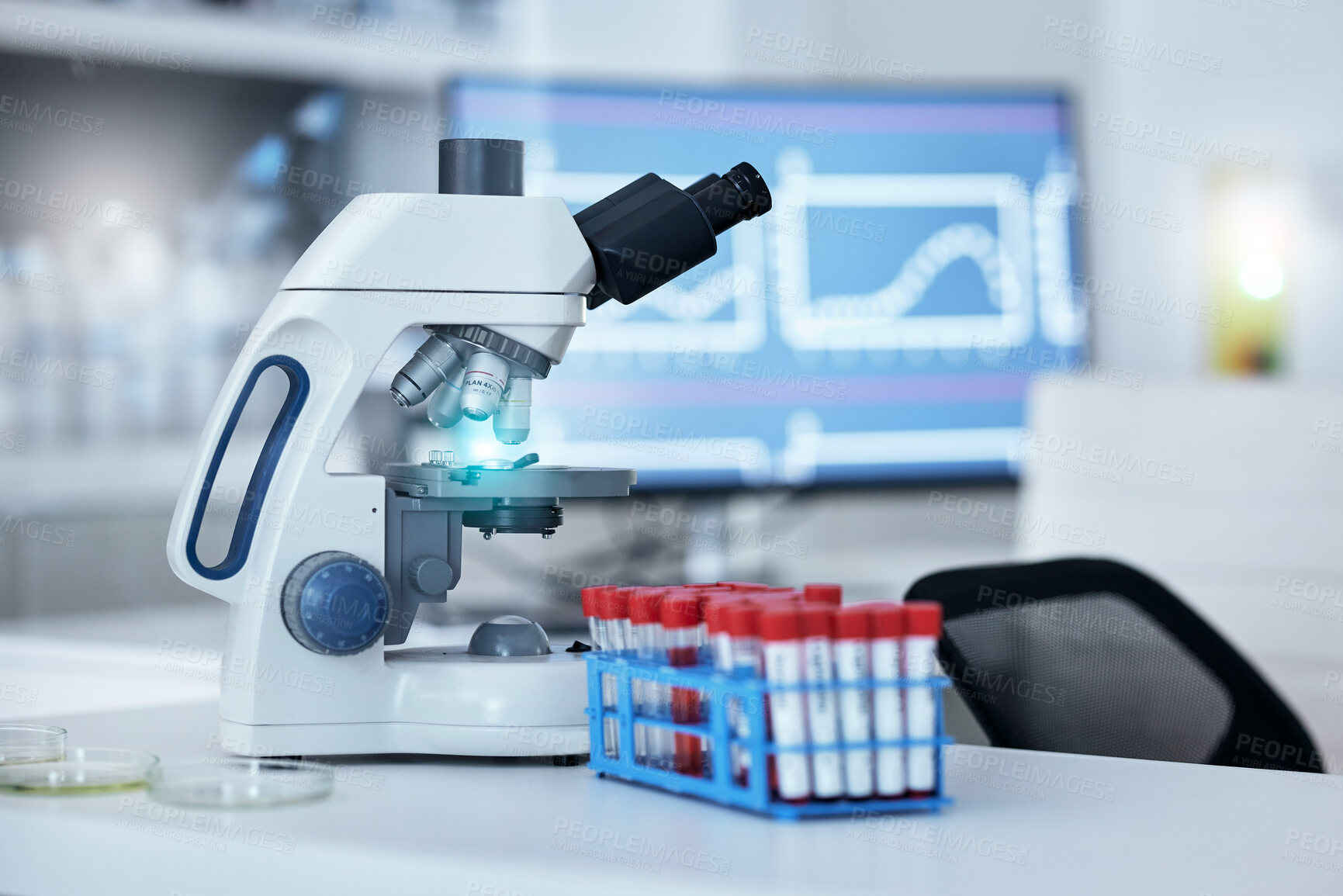 Buy stock photo Science, blood sample and microscope in laboratory for research, DNA testing and examination. Healthcare, biotechnology and medical equipment for vaccine development, analysis and medicine discovery