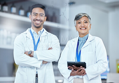 Buy stock photo Science, tablet and portrait of a team of scientists standing with confidence in laboratory. Happy, medical and scientific researchers with digital technology working on biology project or experiment