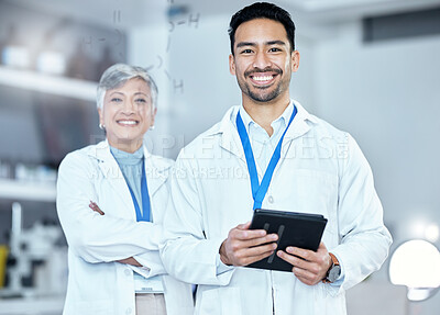 Buy stock photo Pharmaceutical, tablet and portrait of a scientific team standing with confidence in laboratory. Happy, smile and scientists with digital technology working on medical project, research or experiment