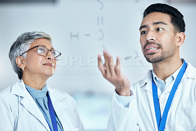 Buy stock photo Science, planning and team of researchers with a board working on a medical chemistry equation. Pharmaceutical, teamwork and scientists doing research for a healthcare experiment or project in a lab.