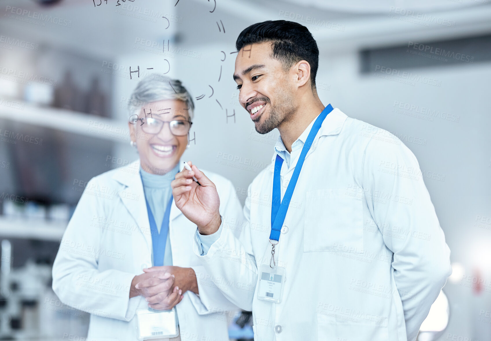 Buy stock photo Scientist, team and equation on glass board, brainstorming with medical research, chemistry or physics. Man, senior woman and science collaboration with formula, information and happy people in lab