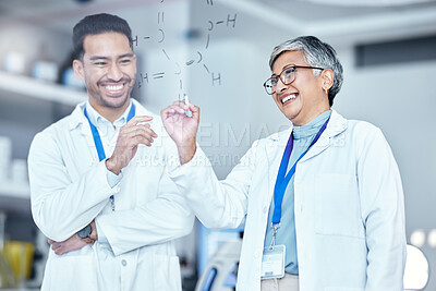Buy stock photo Science, happy and scientists planning on board for chemistry innovation in collaboration. Pharmaceutical, medical and scientific researchers working on project, research or experiment in laboratory.