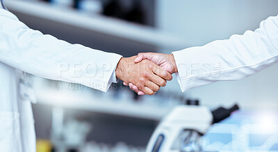 Buy stock photo Handshake, partnership and laboratory scientist, people or team work, collaboration and cooperation on science. Welcome, thank you and partner handshake for healthcare trust, agreement or onboarding