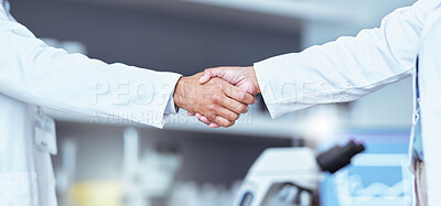 Buy stock photo Hand shake, partnership and lab scientist, people or team work, collaboration and cooperation on medical science. Doctors, teamwork and closeup partner handshake for unity, agreement or staff welcome