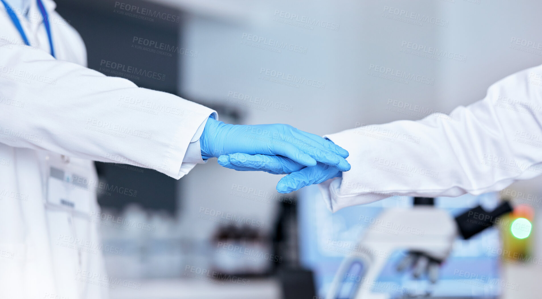 Buy stock photo Scientist, stack hands and teamwork in laboratory for motivation, goals or success in pharma company. Team building, congratulations or collaboration in science job for innovation with vaccine trial