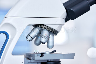 Buy stock photo Microscope, science and medical with research, technology and sample with testing, cure and diagnosis. Lab equipment, tools and studying bacteria with healthcare, analytics and scientific experiment