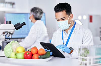 Buy stock photo Scientist, study and laboratory with vegetable with tablet for test with online app for nutrition. Research, diet and science expert with food or technology for information with internet for quality.