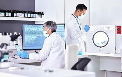 Buy stock photo Covid lab, research and employees with technology for science with mockup tablet and computer. Innovation, digital and scientist team with tech for medical information and analysis on a pc together