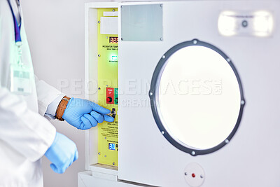 Buy stock photo Laboratory, test and hands on button on machine for science research, experiment or innovation. Lab, scientist hand with glove and exam safety in technology for medical engineering and manufacturing.