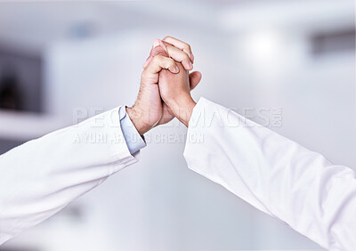Buy stock photo Doctors, teamwork and hands together for support, collaboration and healthcare motivation, goals and faith. Hope, love and hand holding of medical people with high five sign and clinic celebration