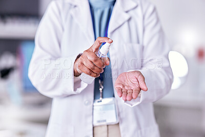 Buy stock photo Scientist, hands and spray, sanitizer and hygiene with medical research and person cleaning palm in lab. Doctor, safety from bacteria and virus with health, protection and chemical disinfectant