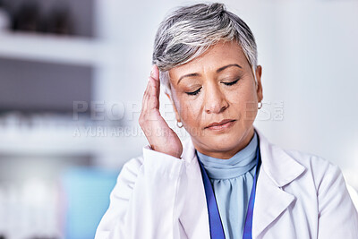Buy stock photo Laboratory scientist, headache or senior woman face with depression over clinic mistake, mental health crisis or anxiety. Pain, migraine or elderly lab person tired after science risk, stress or fail