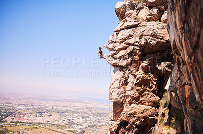 Buy stock photo Sports, rock climbing and space with woman on mountain for fitness, adventure and challenge. Fearless, workout and hiking with person on training cliff for travel, freedom and exercise mockup
