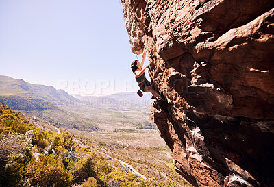 Buy stock photo Sports, rock climbing and adventure with woman on mountain for fitness, health or challenge. Explore, workout and hiking with person training on cliff in nature for travel, freedom or exercise mockup