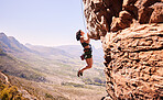 Nature, rock climbing and space with woman on mountain for fitness, adventure and challenge. Health, workout and hiking with person training on cliff for travel, freedom and exercise mockup