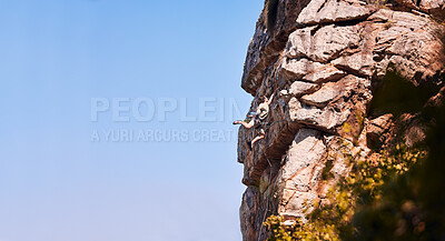 Buy stock photo Rock climbing, fitness and space with man on mountains for sports, banner and adventure. Nature, exercise and travel with person training on cliff for rope, challenge and performance mockup on sky