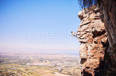Buy stock photo Nature, rock climbing and space with man on mountain for fitness, adventure and challenge. Fearless, workout and hiking with person training on cliff for travel, freedom and exercise mockup