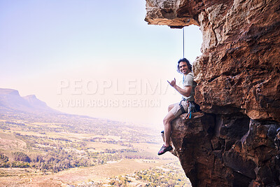 Buy stock photo Rock climbing, shaka and portrait with man on mountains for sports, space and adventure. Nature, exercise and travel with person training on cliff for rope, challenge and performance mockup