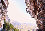 Rock climbing, fitness and mountains with woman in nature for sports, explore and adventure. Space, exercise and travel with person training on cliff for rope, challenge and performance mockup