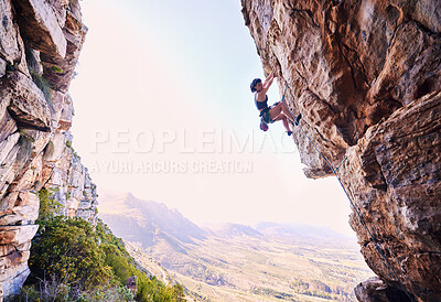 Buy stock photo Rock climbing, fitness and mountains with woman in nature for sports, explore and adventure. Space, exercise and travel with person training on cliff for rope, challenge and performance mockup