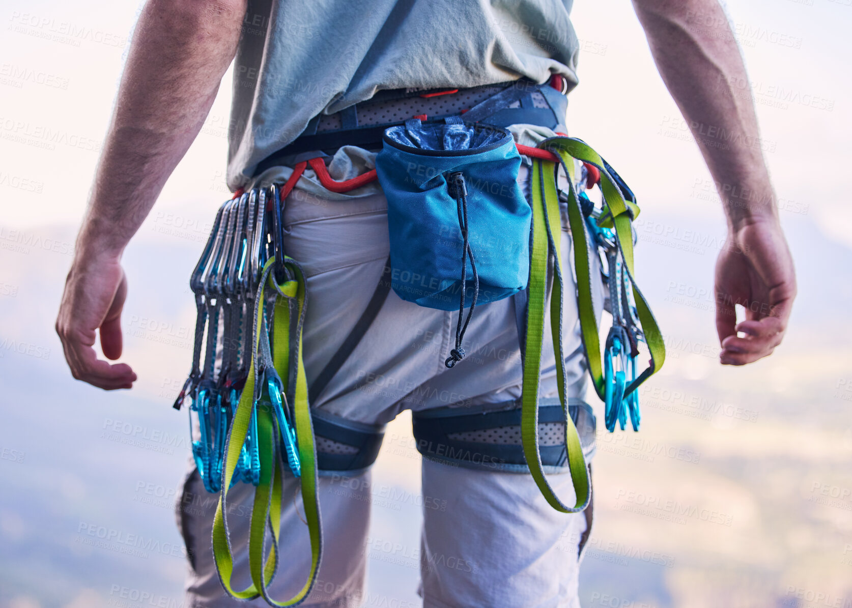 Buy stock photo Nature, rock climbing and man with gear and harness for adventure, freedom and sports on mountain. Fitness, hiking and male person with equipment and chalk bag for training, activity and challenge