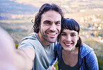 Hiking, selfie and portrait of couple in nature for adventure, holiday and sightseeing journey on mountain. Travel, dating and happy man and woman take picture to explore, trekking and backpacking