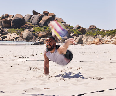 Buy stock photo Sports, beach and man playing volleyball while jumping on the sand while on tropical weekend trip. Fitness, blur motion and young male athlete training for seaside game, match or tournament by ocean.