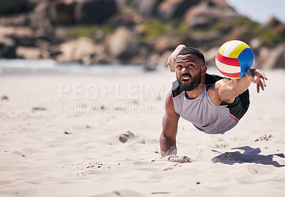 Buy stock photo Fitness, beach and athlete playing volleyball while jumping on the sand while on tropical weekend trip. Sports, blur motion and young man training for seaside game, match or tournament by the ocean.