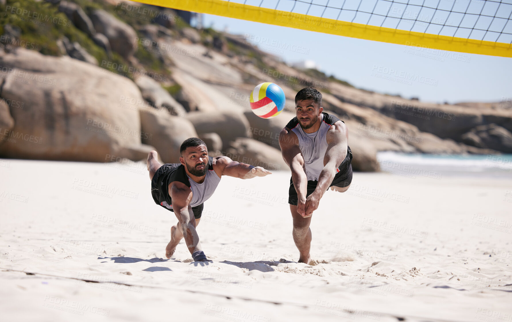 Buy stock photo Beach, volleyball and team at net with sports action, fun and summer competition on sea sand. Energy, ocean games and volley challenge with men hitting ball for winning goal at workout in nature.