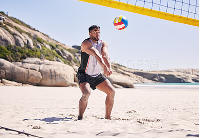 Beach, volleyball and man at net with sports action, fun and summer competition on sea sand. Energy, ocean games and volley challenge with athlete hitting ball for goal at fitness workout in nature.