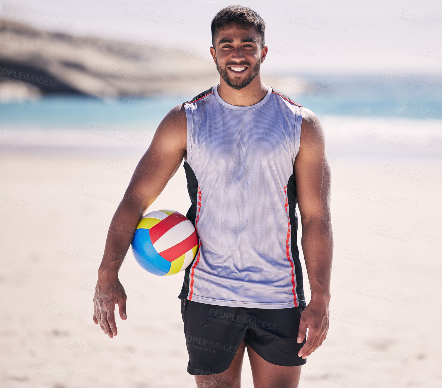 Buy stock photo Beach, sports and portrait of man with volleyball for training, exercise and cardio health in nature. Ocean, game and happy face of male player smile at sea for fun, fitness and workout performance