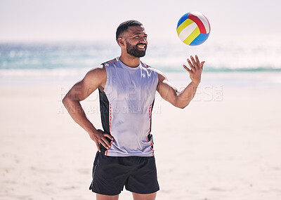 Holiday, volleyball or happy man at beach with ball playing game, workout training or fitness in summer. Air, sports athlete smiling or player ready to start practice match or exercise at ocean alone