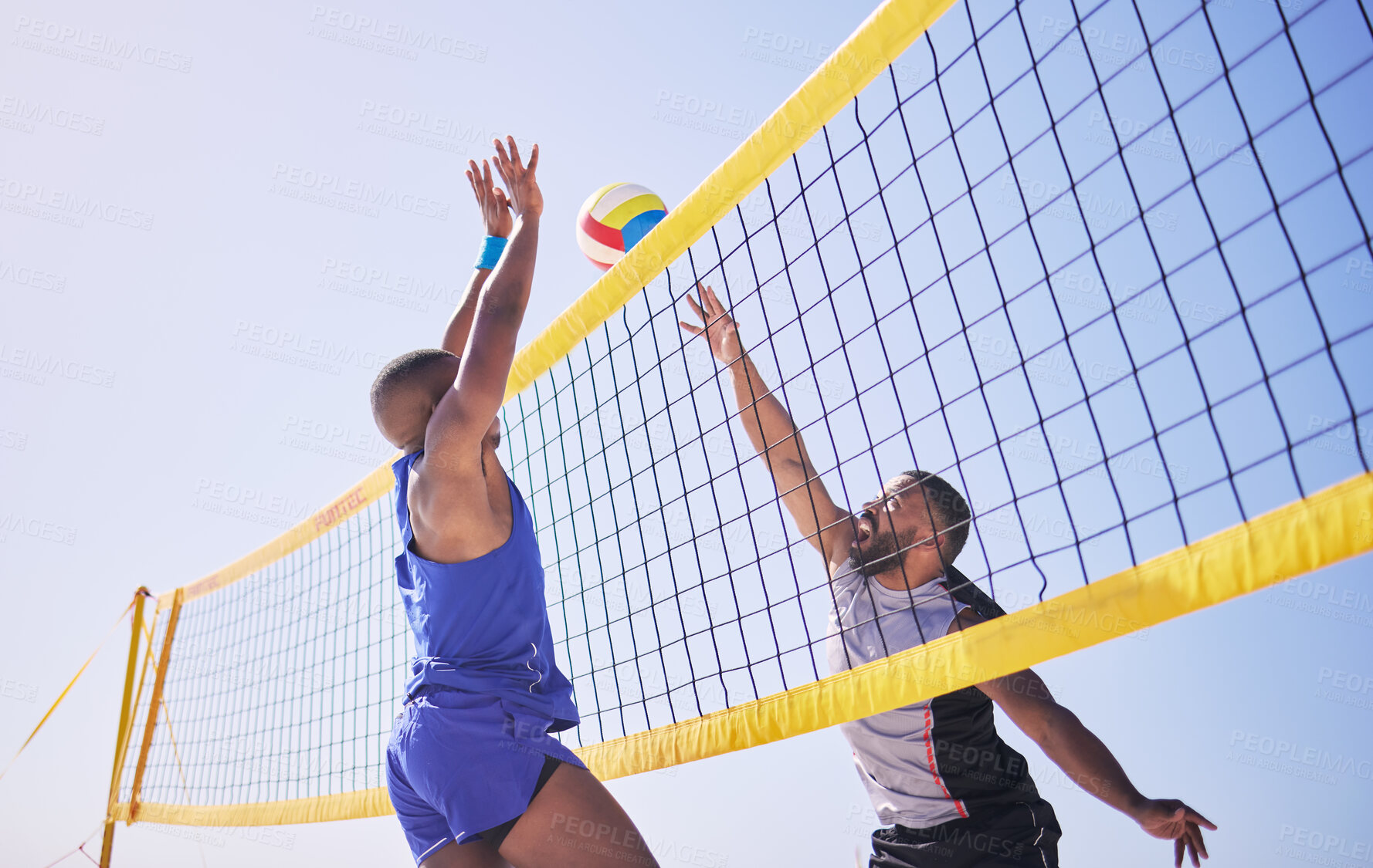 Buy stock photo Jump, hit and beach, volleyball and men at net with sports action, fun and summer competition with blue sky. Energy, ocean games and volley challenge with athlete hitting ball for goal in nature.