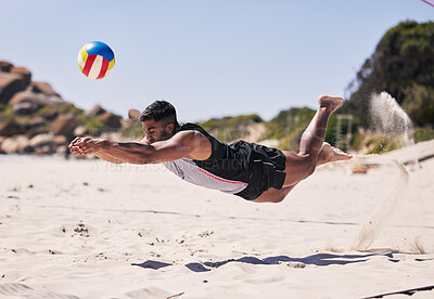 Buy stock photo Beach, energy and man jump volleyball while playing on the sand with action on holiday. Fitness person, sports ball and young male athlete training for seaside game or match in summer by the ocean.