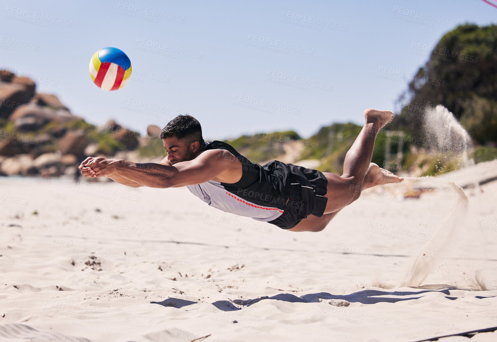 Buy stock photo Beach, energy and man jump volleyball while playing on the sand with action on holiday. Fitness person, sports ball and young male athlete training for seaside game or match in summer by the ocean.