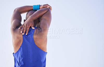 Buy stock photo Back, stretching arms or man at beach for volleyball exercise, training match or workout game. Fitness, sports or athlete in muscle warm up, preparation or ready to start activity or competition 