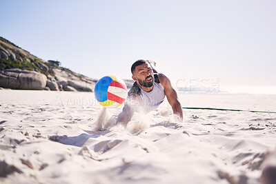 Buy stock photo Fitness, beach or man diving for volleyball in competition, match or sports contest playing on sand. Workout, training or athlete jumping to hit ball at sea for summer game, activity motion or action