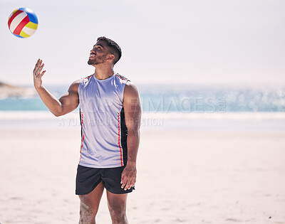 Relax volleyball or happy man at beach with ball playing game, workout training or fitness in summer. Air, sports athlete smiling or player ready to start practice match or exercise at ocean alone